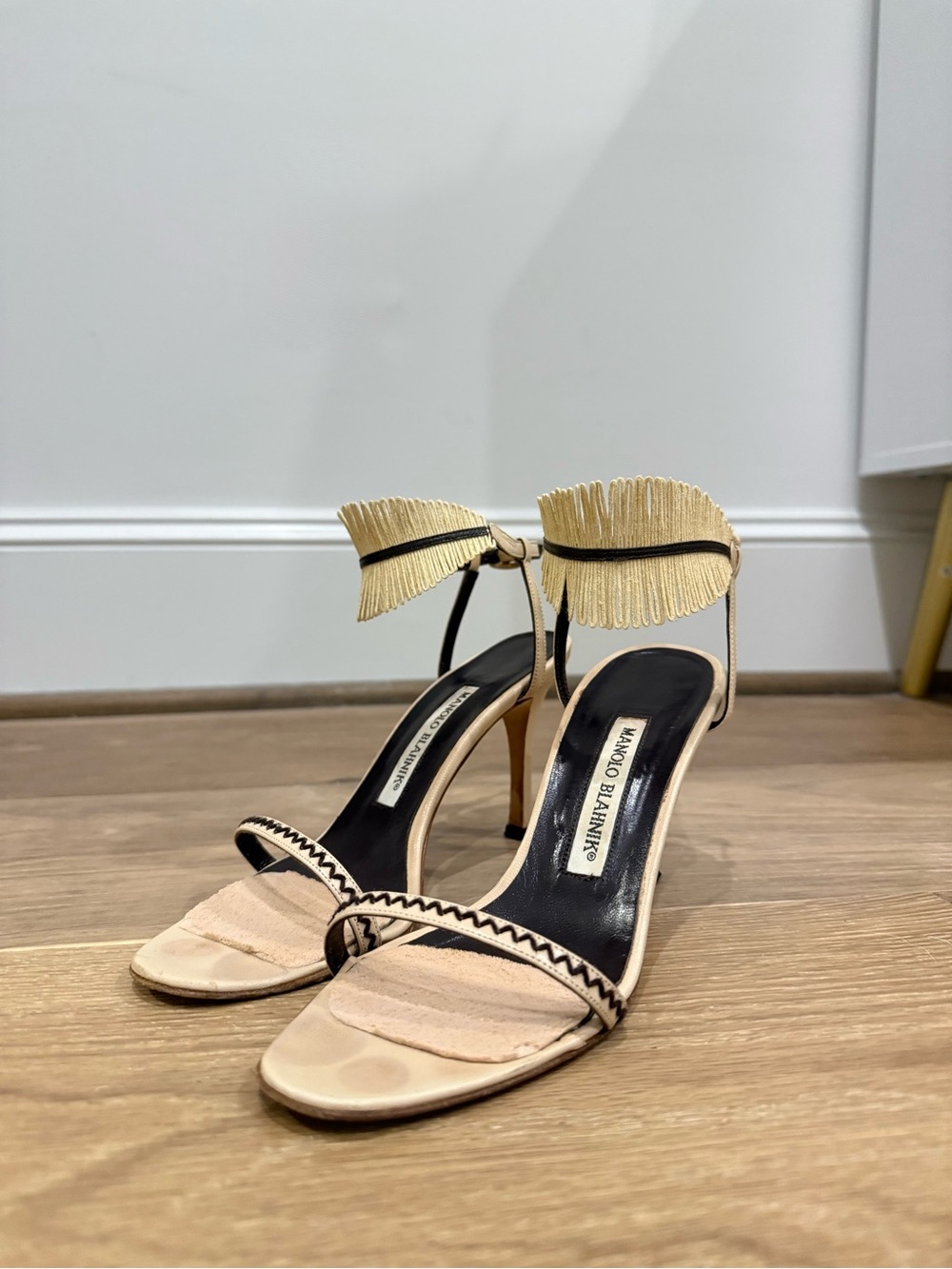 Manolo Blahnik Beige and Black Ankle-Strap Heels